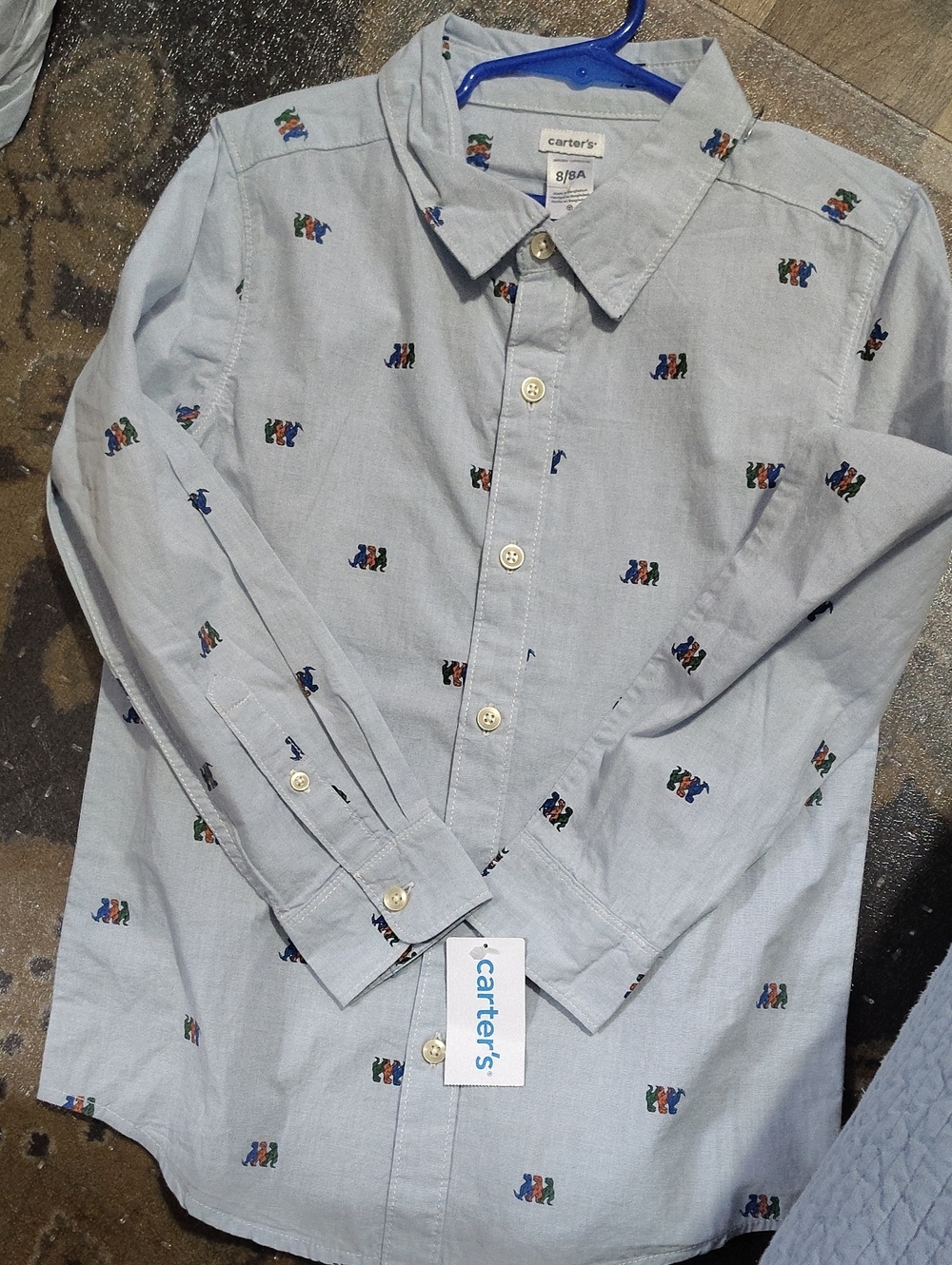 Nwt Size 8 Carter's Light Blue Button-Up Shirt with Multi-Color Motifs$25